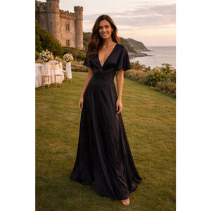 Galina Signature Black Satin Maxi Dress Formal Evening Gown Cocktail event Party